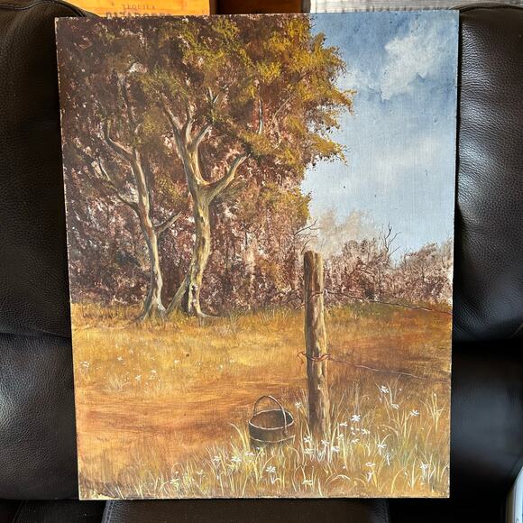 Mid Century Oil Painting Landscape Original Art farmhouse Fence Meadow - Picture 1 of 7